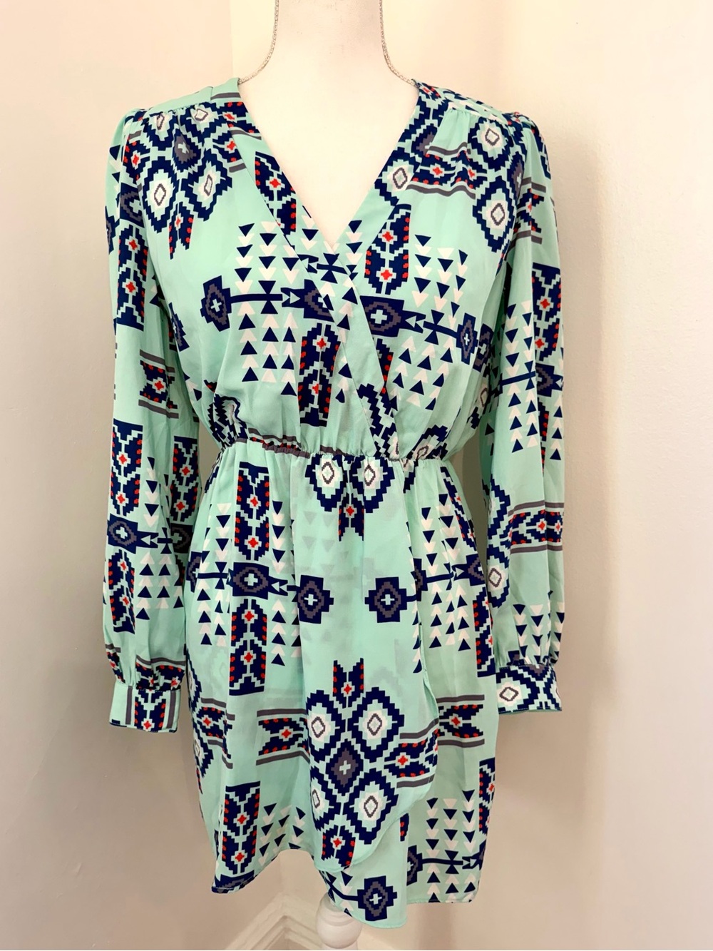 Mint geometric Print V-Neck Long Sleeve Dress